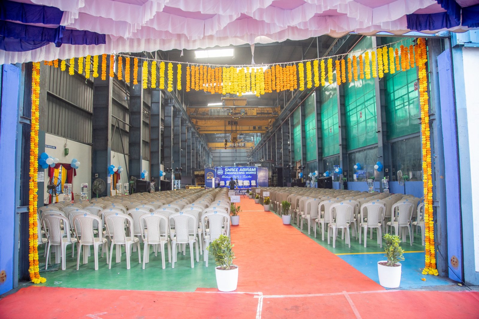 Industrial venue decorated for a large event